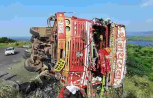 Accident truck carrying chemical powder overturned in the ghat