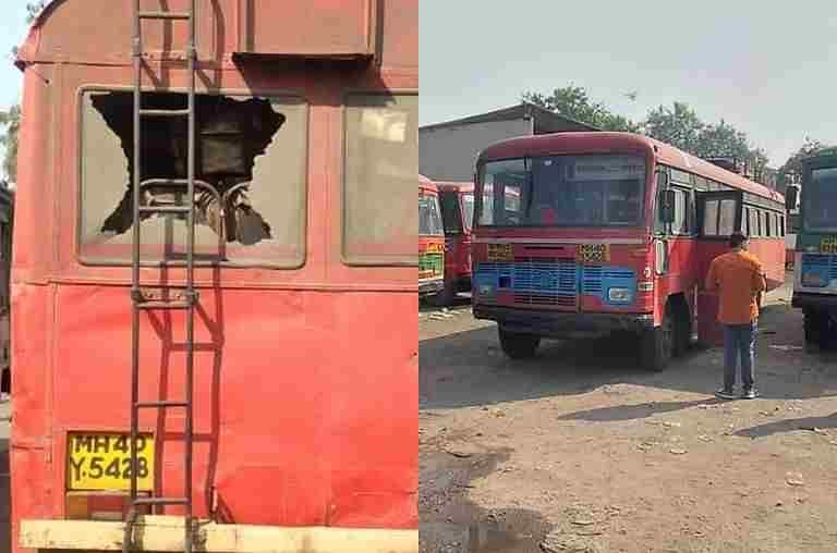 Ahmednagar bus ran in the district but three buses were pelted with stones