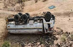 Pathardi Accident Ten wheeler tanker crashes into valley