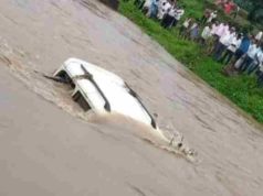 Six people were killed on the spot when a Scorpio car overturned in a river flood