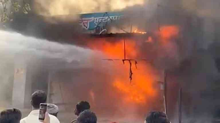 fire broke out at Sivanandan Enterprises, an agricultural material shop in Sangamner 