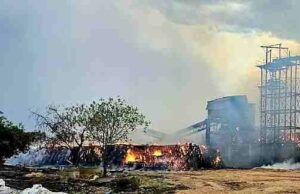 Fire due to lightning strike at husk godown of radish factory