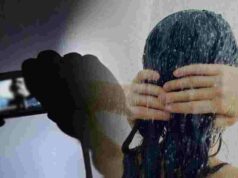 Take a pornographic video of a woman taking a shower from the bathroom