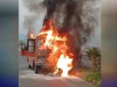 bus burst into flames, literally burning a passenger